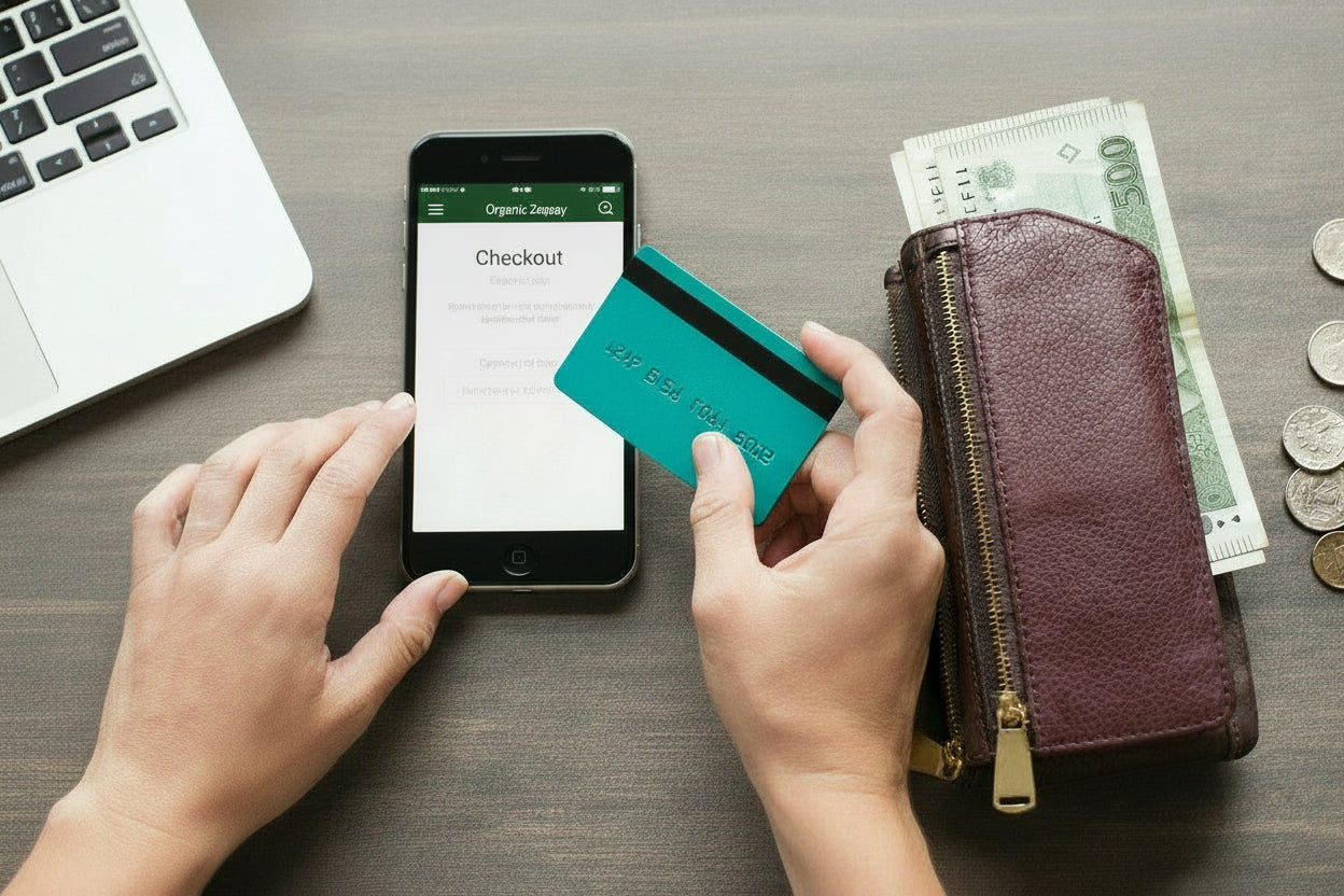 Person holding a smartphone with a checkout screen, a teal credit card, and a wallet on a wooden surface.
